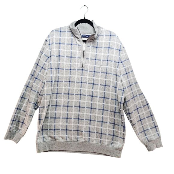 Nautica Shirt Mens XXL Gray Plaid 1/4 Zip Pullover Sweatshirt Cotton/Poly Blend - Picture 1 of 11